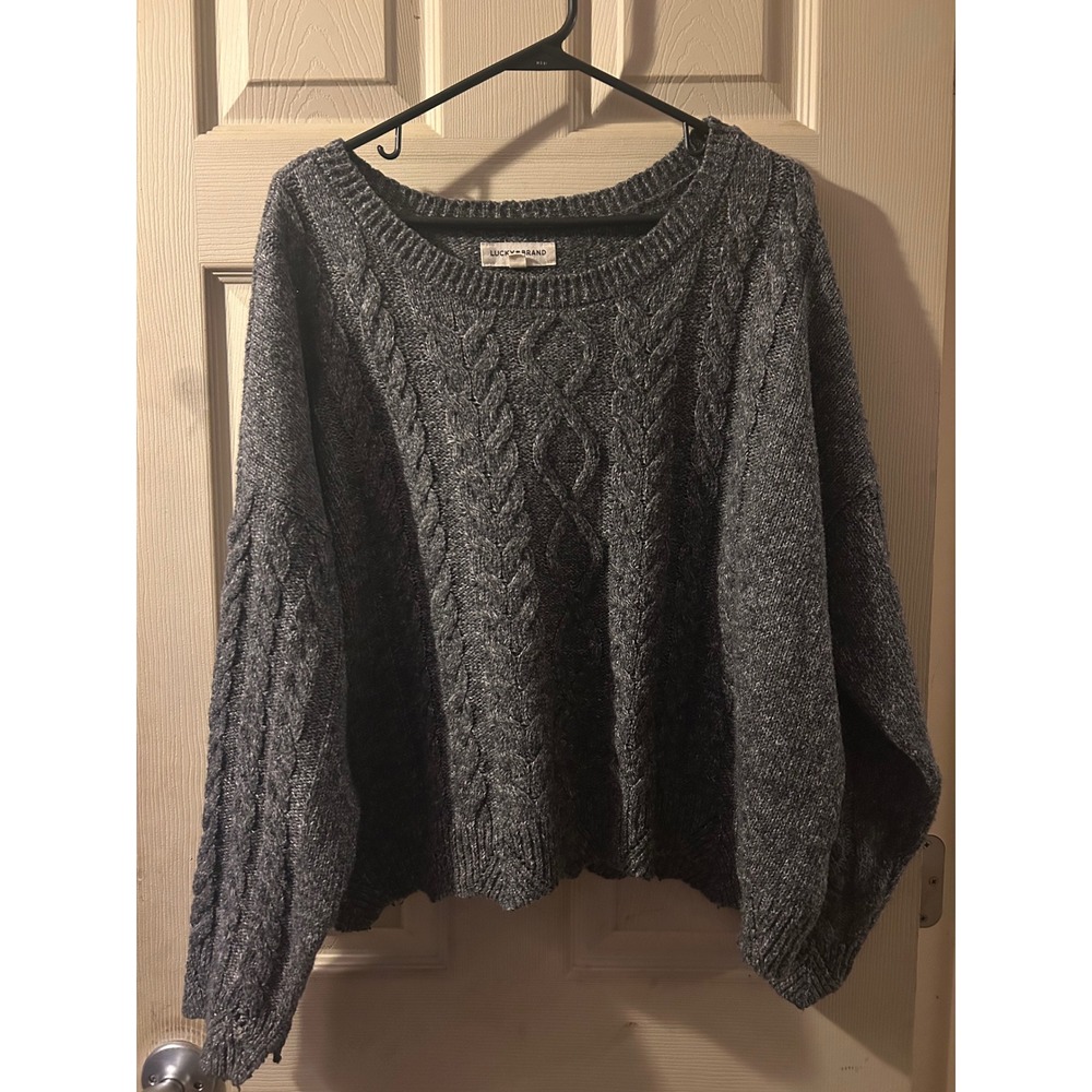 Lucky Brand Womens XXL Gray Cable Knit Oversized Crewneck Sweater Slouchy Marl